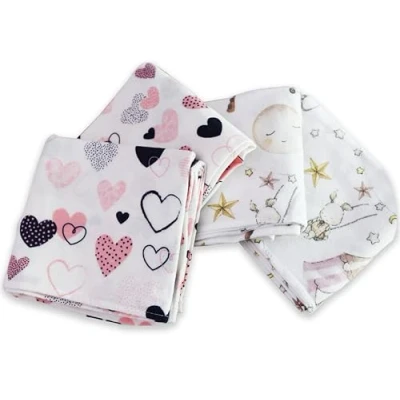 Afbeelding van FENSILO Moltondoeken, 80 x cm, 4 stuks flanellen luiers van 100% katoen, moltonluier spuugdoeken baby, spuugdoek, flanel, moltondoek, uniseks, voor jongens of meisjes, roze hart