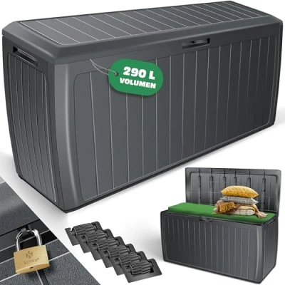 Afbeelding van KESSER® Opbergbox, 290 liter, met wieltjes, handgrepen, 100 kg belastbaar, Smart Click systeem, kist, tuinbox, kussenbox, antraciet