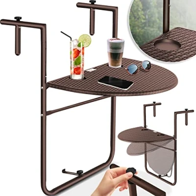 Afbeelding van KESSER® Balkonhangtafel, inklapbaar balkontafel om op te hangen balkon hangtafel 3 voudig in hoogte verstelbare klaptafel balkonleuning weerbestendig met 2x drankplaatsen tafelblad bxd: 62x60cm bruin