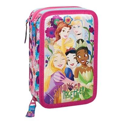 Afbeelding van L&#039;ERBAVOGLIO Origineel schooletui met 3 ritssluitingen, compleet 44 delen, Disney Princess (lichtblauw/roze), pennenhouder voor kinderen