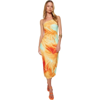 Afbeelding van Trendyol Bedrukte Bodycon Midi Jurk Met Één Schouder En Verstelbare Bandjes, Gebreide Kokerjurk Twoss23El01577