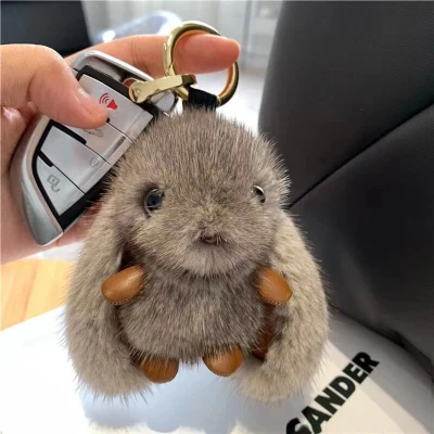 Afbeelding van Schattige pluchen konijn sleutelhanger ring tas hanger Donkergijs