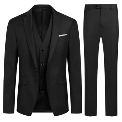 Afbeelding van Herenbruiloft 3 delig Slim Fit Smoking Pakken Zuivere Kleur Formele Vest en Broek, zwart., M