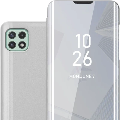 Afbeelding van Cadorabo Hoesje geschikt voor Samsung Galaxy A22 5G in AGAAT ZILVER Clear View Spiegel Beschermende Case met Tribunefunctie 360 Graden Bescherming Book Cover Etui