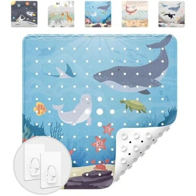 Afbeelding van avakido® Douchemat, antislip, voor kinderen, 100% BPA vrij, inclusief 2 haken om op te hangen, antislipmat, douchemat kinderen en baby&#039;s, schimmelbestendig machinewasbaar