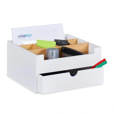 Afbeelding van Relaxdays bureau organizer met lade 6 vakken bamboe make up pennenbakje