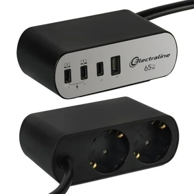 Afbeelding van Electraline 62584 Stekkerdoos voor het bureau Electradock 2 voudig Schuko + 4 USB (1 A 3 C PD65W) kabel m, meervoudige stekkerdoos/tafelcontactdoos