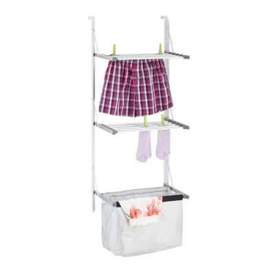 Afbeelding van Relaxdays droogrek deur, inklapbaar, 3,8 m drooglengte, met waszak, hangend wasrek, douchewand, wasdroogrek, zilver