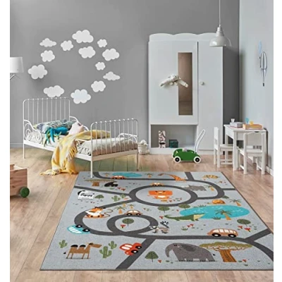 Afbeelding van The Carpet Happy Life Speelkleed, tapijt voor kinderkamer, wasbaar, verkeersmat met straten, jungle, dieren, auto‘s, grijs, 160 x 220 cm