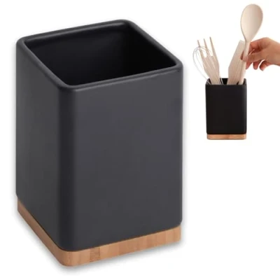 Afbeelding van KOOK TIME keukengereihouder keuken van keramiek en bamboe vierkante keukenhulp opslag zwart 105 x 15 cm