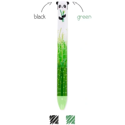 Afbeelding van Legami Click&amp;Clack pen met twee kleuren, panda motief, zwarte en groene inkt, drukstift, ideaal voor school, kantoor, thuis, tweekleurig, diameter van de punt 1 mm