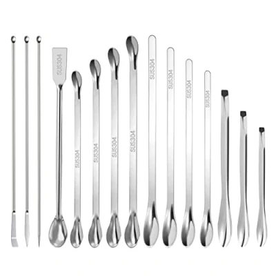 Afbeelding van Laboratoriumspatel, roestvrij staal, laboratoriumlepels, micro lepelspatel, monsterset, dubbele kop, laboratoriumspatel voor poeder, geldoppen, vulpen, 15 stuks, zilver