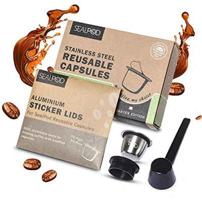 Afbeelding van SEALPOD herbruikbare NES presso capsule, navulbare pod compatibel met originele machine, duurzaam roestvrij staal, geleverd verse hoes starterspakket [1 POD, 100 deksels]