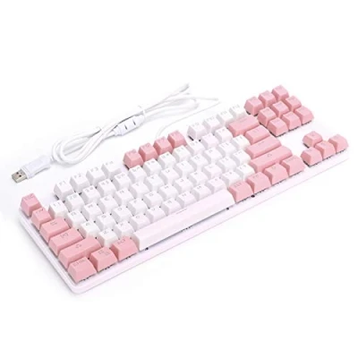 Afbeelding van mechanisch gamingtoetsenbord, 87 toetsen Toetsenborden RGB LED regenboog verlicht toetsenbord met kabel, gamingtoetsenbord Wit + roze, toetsenbord, Plug en Play(Wit)