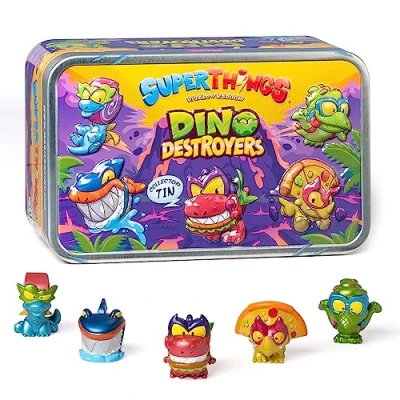 Afbeelding van SuperThings Tin Dino Destroyers doos met 5 exclusieve dinosaurussen metallic effect