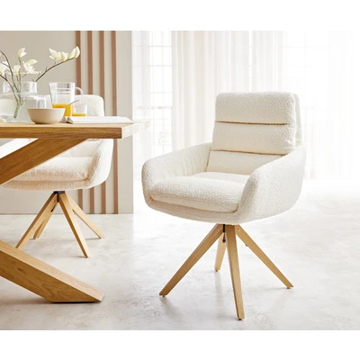 Afbeelding van Draaistoel Abelia Flex met armleuning houten frame hoekig bouclé wit 180