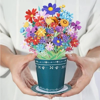 Afbeelding van Diese Klappkarten Bloem pop up kaart 3D bloemen boeket wenskaart voor verjaardag Moederdag beterschap 15 cm x 20 (5 7/8&quot; 7 7/8&quot;) Daisy Klein
