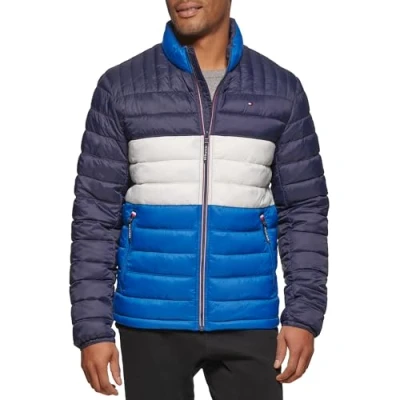 Afbeelding van Tommy Hilfiger Ultra Loft Lichtgewicht opbergbare bufferjas (standaard en groot hoog) alternatieve donsjas, koningsblauw blok, L