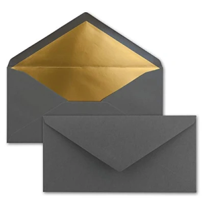Afbeelding van 50 enveloppen DIN lang antraciet grijs met goud metallic voering 110 x 220 mm nat lijmen feestelijke voor uitnodigingen