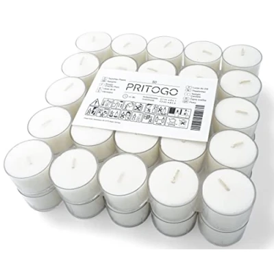 Afbeelding van PRITOGO Theelichtjes plastic hoes, wit Ø 3,8 x 2,5 cm, roetvrij, brandduur: 8 uur (50 stuks) ongeparfumeerd