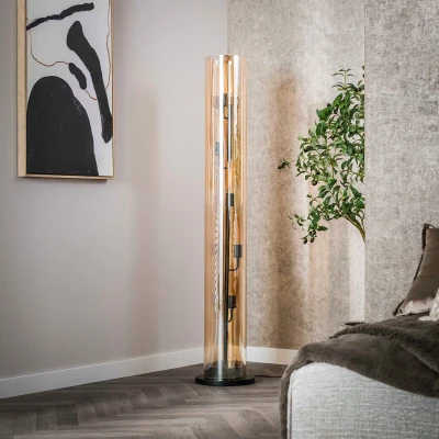 Afbeelding van Fraaai Flores vloerlamp 5L tube amber Glas artic zwart