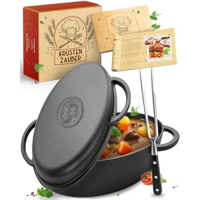 Afbeelding van KRUSTENZAUBER 35 cm gietijzeren braadpan met deksel ovenbestendig [incl. vleesvork] pan XXL ideale stoofpan Kazan, inductie,