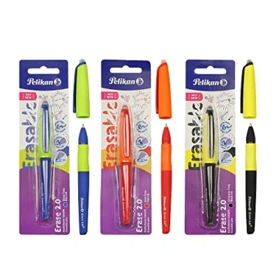 Afbeelding van Pelikan Erase 2.0 Ergonomische uitwisbare rollerbalpen, zwart, rood en blauw, voor rechts linkshandigen, school, navulbaar, 3 stuks