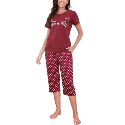 Afbeelding van Reliwel Pyjama voor dames, katoenen pyjama, top met korte mouwen en broek zakken, tweedelige bedrukte pyjamasets, zachte comfortabele nachtkleding, casual loungewear, S XXL,