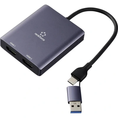 Afbeelding van Renkforce RF 6418198 USB C / HDMI Adapter [1x A, 2x HDMI] Grijs 4K UHD 15 cm