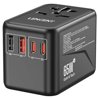 Afbeelding van LENCENT 65W Reisadapter Wereldwijd, GaN3 Snellader Universele Reisstekker met 2 QC4.0 USB A+2 PD3.0 Type C, Alles in één Internationale Stekker voor Telefoon, 200+ Landen EU UK DE VS A/C/G/I