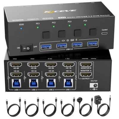 Afbeelding van KVM Switch 4 Computer 2 Monitoren, KCEVE 8K @60Hz, 4K @144 Hz USB 3.0 HDMI schakelaar met EDID emulator voor 4PC Share Mouse toetsenbord en monitor, stabiele chip, hoge compatibiliteit