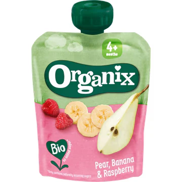Afbeelding van Organix Knijpfruit 4+m Peer, Banaan&amp;Framboos 90 gr