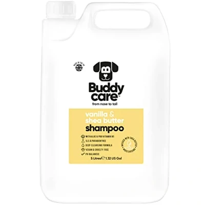 Afbeelding van Buddycare Vanille &amp; Sheabutter hondenshampoo vochtinbrengende shampoo voor honden fris geurend met aloë vera en pro vitamine B5 (5L)