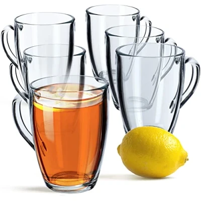 Afbeelding van KADAX Theeglazen, waterglazen met handvat, set van 6, glazen kopjes, sapglazen, voor thee, koffie, water, drink, ijsthee, sap, drinkglazen, koffieglazen (Lina, 350 ml, 6 stuks)