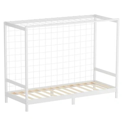 Afbeelding van Kinderbed Voetbaldoel 90x200 cm Wit Eenpersoonsbed voor kinderen Houten bed met lattenbodem &amp; doelnet ML Design