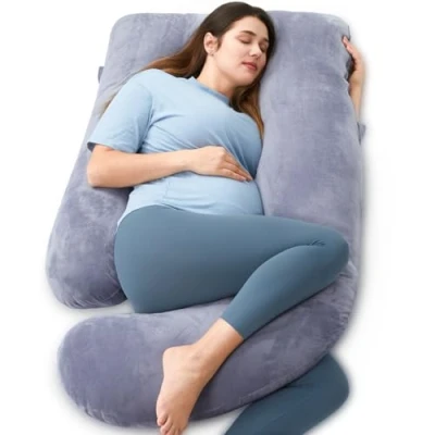 Afbeelding van Momcozy Zwangerschapskussen, U vormig moederschapskussen voor het hele lichaam met afneembare hoes, 140 cm zwangerschapskussen om te slapen, grijs