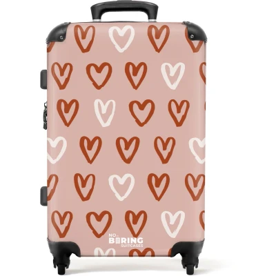 Afbeelding van NoBoringSuitcases.com® Kinderkoffer meisje Kindertrolley meisjes Hartjes patroon in roze en wit Koffer kind groot Rolkoffer lichtgewicht Reiskoffer met 4 wielen Grote trolley XL 20 kg bagage
