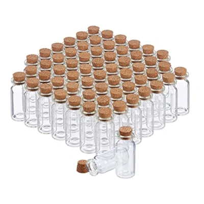 Afbeelding van Relaxdays mini glasflesjes met kurk, 60 stuks, minifesjes voor olie, kruiden, zand &amp; meer, 10 ml, decoratie, transparant