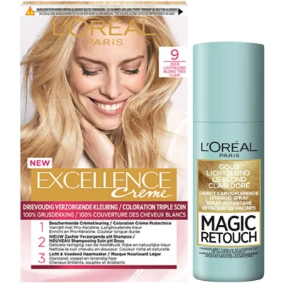 Afbeelding van L&#039;Oréal Excellence Creme 9 Zeer Licht Blond + Magic Retouch Uitgroeispray 75 ml Pakket
