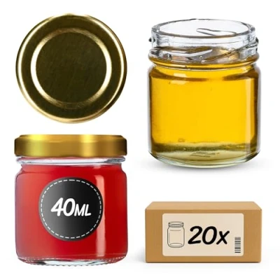 Afbeelding van KADAX Weckpotten, 40 ml, mini inmaakpotten, kruidenpotjes met schroefdeksel, inmaakglas, testpotten, jampotten, honingpotten, ronde potten (20 stuks, goudkleurig deksel)