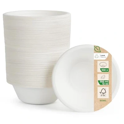 Afbeelding van Love Nature Ecologische wegwerp soepkommen van suikerriet koteletten (350 ml 100 stuks) soepkom met langdurige warmte opslag duurzame soepborden wegwerpschalen