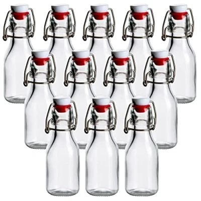 Afbeelding van gouveo Set van 12 glazen flessen met beugelsluiting, lege beugelflessen, 100 ml, om te vullen, beugelsluitfles, likeurfles, decoratieve fles (BFR100)