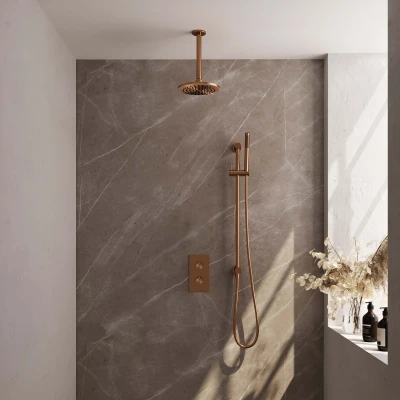 Afbeelding van BRAUER Copper Carving thermostatische inbouw regendouche 3 weg omstelling SET 41 met 20 cm douchekop en plafondarm staaf handdouche doucheslang