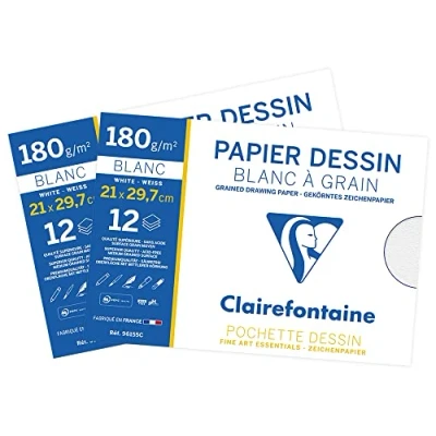 Afbeelding van Clairefontaine 196155AMZC set met 2 vakken, tekenpapier, wit, korrelgrootte A4, 21 x 29,7 cm, 180 g, ideaal voor kunstwerken