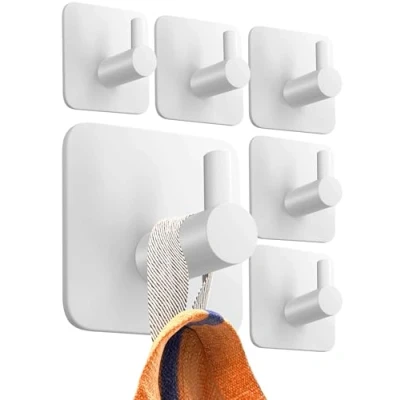 Afbeelding van 4smile Handdoekhouder zonder boren, set van 6 stuks, witte handdoekhaken voor de badkamer, roestvrij als praktische kleefhaak, hoogwaardige haken, zelfklevend, wandhaken, klassiek design