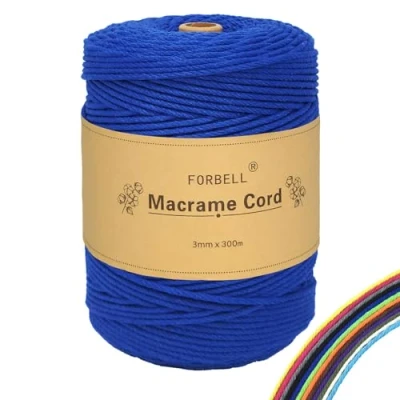 Afbeelding van FORBELL Macramégaren, 3 mm x 300 m, premium katoengaren, doe het zelf handwerk, juwelenblauw