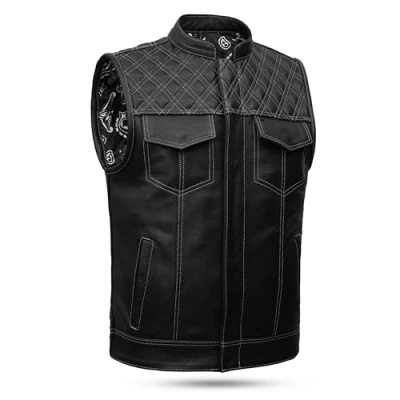 Afbeelding van Leatherick Groove Club Zwart leren vest voor heren, traditionele paisley satijnen voering, Wit ruitborduurwerk, 48