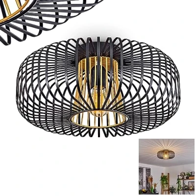 Afbeelding van Oravi plafondlamp, ronde metalen plafondlamp in zwart/goud, 1 lamp, E27 fitting, zonder gloeilampen, Ø 40 cm, retro/vintage lamp met geweldig lichteffect door rasteroptiek