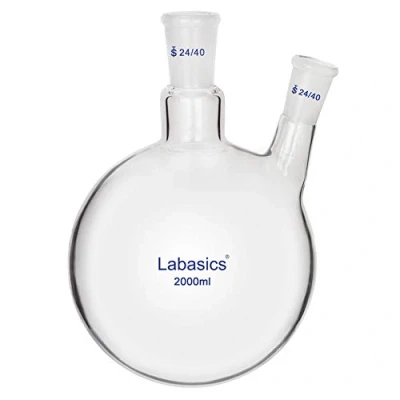 Afbeelding van Labasics Glas 2000 ml 2 hals Rondbodemkolf RBF, met 24/40 Midden en Zijkant Standaard Taps Toelopende Buitenverbinding