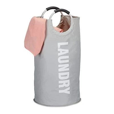 Afbeelding van Relaxdays vouwbare wasmand, met hengsel, 60 liter, licht, H x Ø: 70 38 cm, draagbare waszak, ronde wasbox, grijs